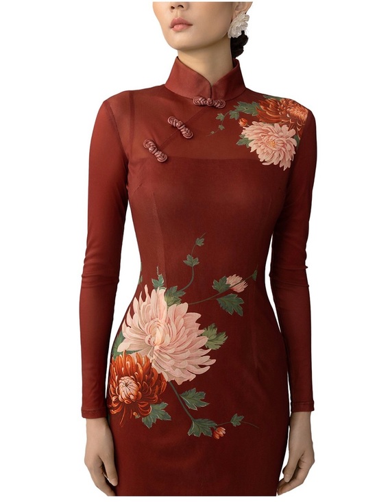 sau lee Dresses & Skirts - SAU LEE  Kaia Mesh Dress. Mandarin-Collar Floral Maxi Dress in Burgundy